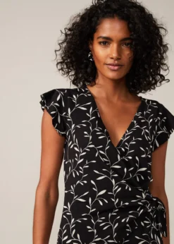 Mady Leaf Print Wrap Top