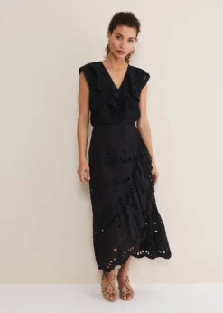 Black Broderie Wrap Maxi Skirt